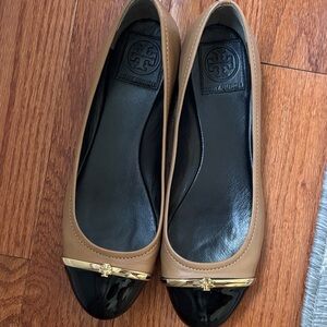 Tory Burch Black and Tan Flats with Gold Accent